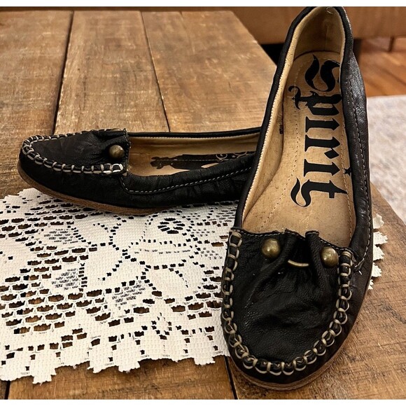 Lucchese Boot Co Women's Button Loafer Moccasins size‎ 7.5 M Black Leather Shoes - Picture 1 of 9